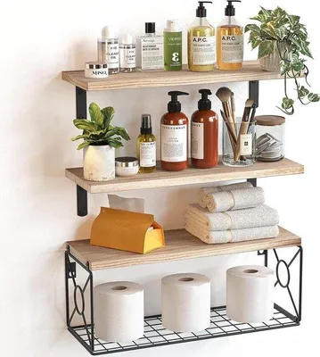 Produktbild von Famanu Wandregal mit Drahtablage - Set von 3 - Natur