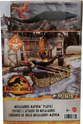 Obrázek produktu pro Mattel HFF11 Jurský svět Dominion Akční hrací sada 2 dinosauři Mosasaurus Modrý Velociraptor Hnědý Jeřáb Startér Vodní kryt Přistávací plocha pro vrtulník Nákladní loď Kombinovatelná hrací sada