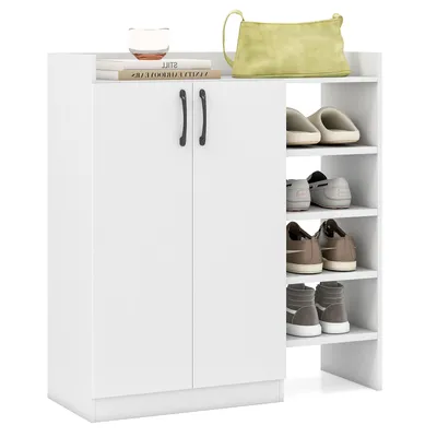 Zdjęcie produktu dla COSTWAY szafka na buty, komoda na buty z 3 półkami, szafka do przechowywania z 2 drzwiami i 5 otwartymi półkami, stojak na buty, 83x31,5x91cm, biały