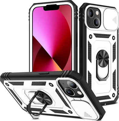 Immagine prodotto di Custodia per iPhone 13 Mini protezione fotocamera scorrevole, resistente agli urti, con supporto ad anello, supporto e porta carte Bianco