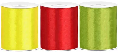 Immagine prodotto di Nastro in raso per confezioni regalo, 100 mm di larghezza, 3 colori (giallo, rosso, verde), 25 metri per colore. Ideale per decorazioni, confezioni regalo, compleanni, matrimoni, Natale. Set da 3