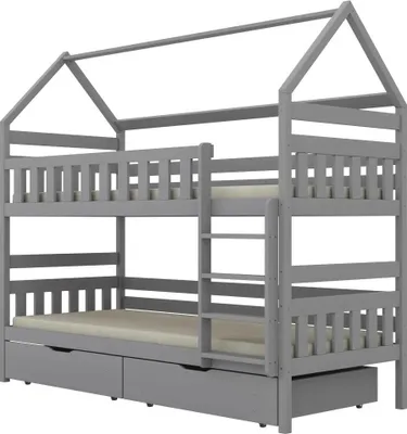 Zdjęcie produktu dla Łóżko piętrowe domek FELIKS 200x80 szare drewniane z szufladami