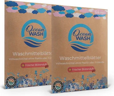 Produktbild von OceanWash 2er-Set Waschmittelblätter Blütenduft für 128 Waschladungen, 64 Waschstreifen mit Trennlinie, vordosiert & biologisch abbaubar