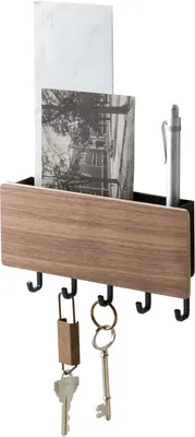 Obrázek produktu pro Minimalistický držák na klíče s magnetickými háčky a úložným prostorem, černá barva, dřevo a ocel, kompaktní design
