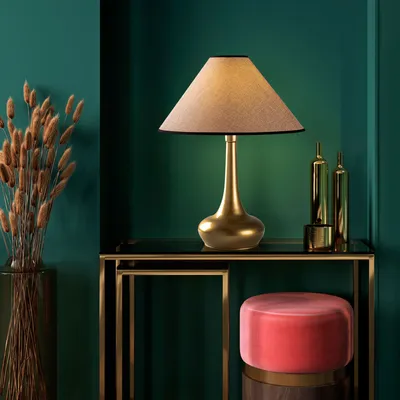 Produktbild von Opviq, Hochwertige Tischlampe, Metallkörper, Gold & Hellbraun, 50 x 50 x 63 cm | Stoffschirm Ø12-50 h:25 cm | E27 Fassung, max. 40 W, IP20 | Elegantes Design für jedes Zuhause.
