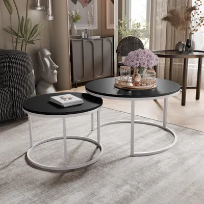 Produktbild von Idohome - Runder Couchtisch 2in1 LAVO mit Metalgestell, 80x48 cm+60x42 cm (Ø x H) Farbe: Weiß / Schwarz Matt