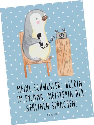 Produktbild von Mr. & Mrs. Panda Postkarte Schwester Heldin - Blau Pastell - Geschenk, Familiengeschenk, Postkarten, Ansichtskarten, Verwandte, Geburtstage, bildkarte, Grußkarte, Lächeln