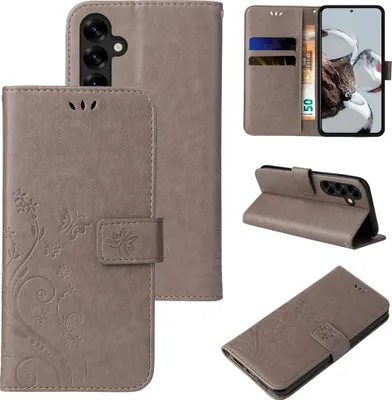 Produktbild von Handyhülle für Samsung Galaxy S25 FE Floral Blumen Schmetterling Flip Cover Hülle Case Klapphülle Handytasche Farbe: Grau