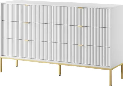 Produktbild von Masseno Kommode STELLARE 154 cm Sideboard mit 6 Schubladen für Wohnzimmer Schlafzimmer Modern 154x39x91 cm Weiß / Weiß