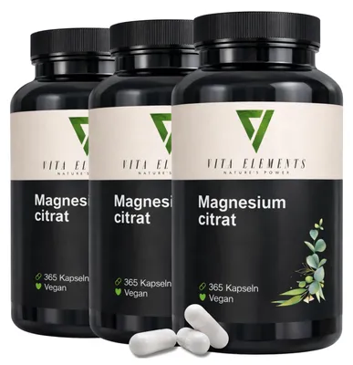 Produktbild von Vita Elements Premium Magnesiumcitrat 3er Set 365 Kapseln Bioverfügbarkeit Nahrungsergänzungsmittel