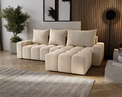 Image de Canapé d'angle avec fonction sommeil Wilson - Canapé d'angle 255 cm, Canapé avec coffre de lit - droite, Beige (Amor Velvet 4304)