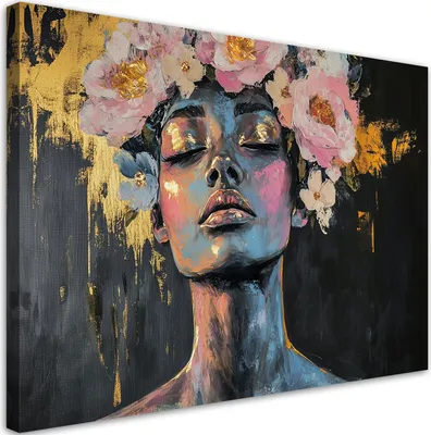 Produktbild von Leinwandbild Abstrakt Porträt einer Frau mit Blumen 120x80 Feeby Bunt bild für die wand bereit zum aufhängen