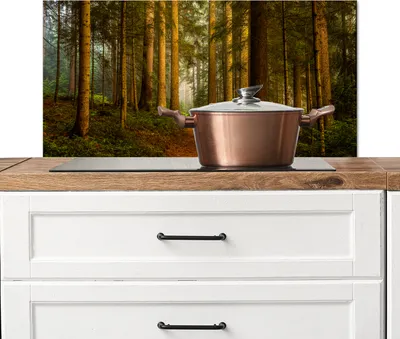 Produktbild von KitchenYeah®  Spritzschutz Küche - Küchenrückwand - Wandschutz für Herd und Spüle - Wald - Natur - Bäume - Landschaft - Laub 90x45 - Alu-Dibond (Alternative zum Spritzschutz aus Glas) - Hitzebeständig