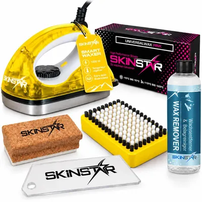 Imagen del producto de Kit de cera para esquí SkinStar, 6 piezas: plancha para cera, cepillo, cera, limpiador de suelas, corcho