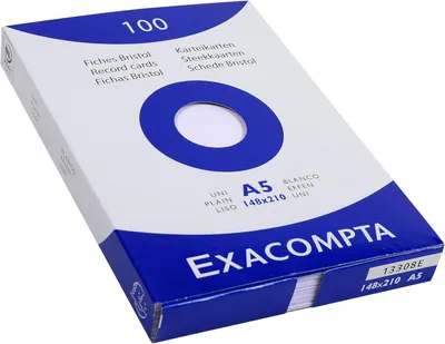Produktbild von Exacompta 13308E Packung (mit 100 Karteikarten, ungelocht DIN A5, 148 x 210 mm, 205 g, blanko, ideal für die Schule) 1er Pack weiß