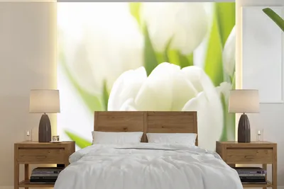 Produktbild von MuchoWow® Fototapete für Wohnzimmer oder Schlafzimmer Wandtapete Vinyl Motivtapete Nahaufnahme einer weißen Tulpe - 260x260 cm - Papiertapeten