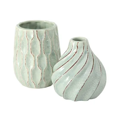 Produktbild von Deko Vasen 2er Set Grün aus Keramik Lasiert im Shabby Chic Look Höhe 14cm Tischdekoration Blumenvase