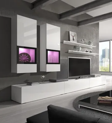 A modern living room with a wall-mounted entertainment unit and TV.