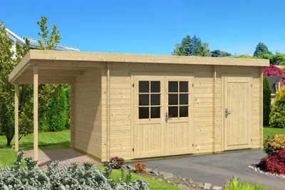 Produktbild von Alpholz Gartenhaus Maria 598x272cm mit Anbau & Schleppdach Natur 28mm