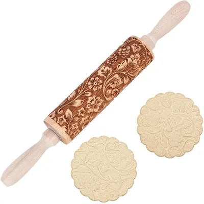 Immagine prodotto di Mattarello decorato per biscotti natalizi - Legno - Motivi natalizi in rilievo - Rullo con cuscinetti a sfera