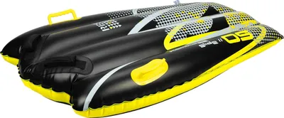 An inflatable snow tube with a black and yellow design, presented on a white background.