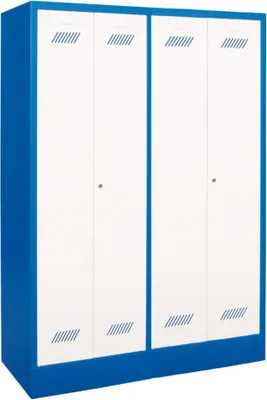 Produktbild von Spindschrank - 4 Fächer a 300 mm - 1.850x1.170x500 mm (HxBxT) - Sockel - Drehriegel - enzianblau/resedagrün
