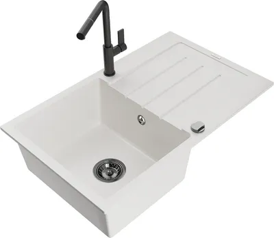 Produktbild von Mexen Bruno 1 Becken-Granitspüle mit Abtropffläche und Mischbatterie Flora, Weiß - 6513-20-670401-70-B
