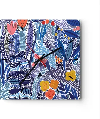 Produktbild von Wanduhr - Quadrat - Glasuhr - Blumen Blätter Illustration Tropen - 40x40cm - Schleichendes Uhrwerk - Lautlos - zum Aufhängen bereit - Dekoration Modern - Wanddekoration aus Glas - C3AC40x40-2944