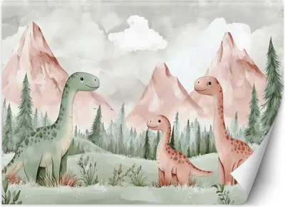 Zdjęcie produktu dla Fototapeta filzelinowa dziecięca Dinozaury Góry Las Zielony 250x175 cm Feeby Zielony klej w zestawie  łatwa w montażu