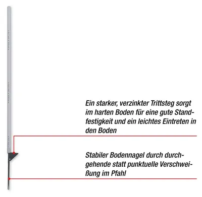 Produktbild von horizont Kunststoffpfahl long life 171 cm – 150 cm über Boden, mit verzinktem Tritt & 9 mm Bodennagel, Einzeltritt, 20 Stück, weiß