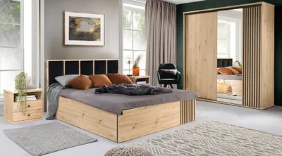Produktbild von Schlafzimmer Set 4-teilig, Bett 180x200 cm, Eiche mit schwarz CALLAO-161