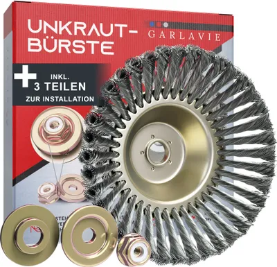Produktbild von GARLAVIE Profi Unkrautbürste Freischneider mit 25,4mm Bohrung - Hochwertige Wildkrautbürste für Motorsense - Drahtbürste Freischneider für effektive Moosentfernung, Silber