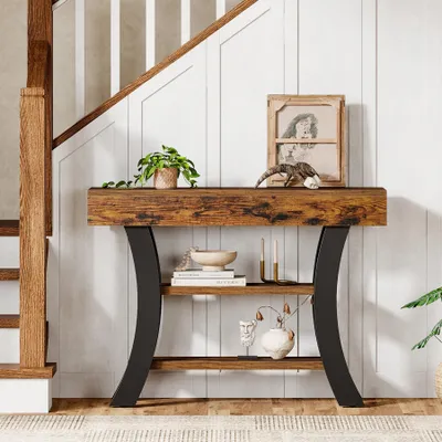 Image de Table d'appoint LITTLE TREE, table d'entrée à 3 étagères, 105 x 30 x 80 cm, table de couloir ou de salon, avec structure métallique ; pour couloir, entrée ou hall ; marron et noir