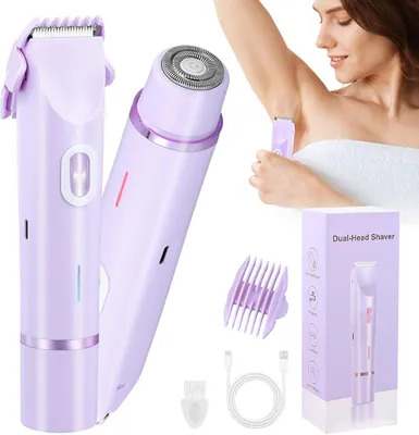 Produktbild von Damenrasierer Elektrisch 2-in-1, Doppelkopf, Gesichtshaarentferner, Wiederaufladbarer, Wasserdichter Nass- & Trockenrasierer für Gesicht Bein Bikini