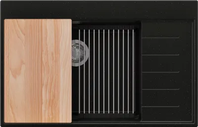 Produktbild von PRIMAGRAN Spülbecken Schwarz Metallic 78x50cm, Granitspüle 1 Becken + Ablauf-Set + Küchenzubehörset, Küchenspüle ab 60er Unterschrank - Sydney