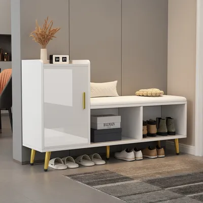 Obrázek produktu pro MODFU Skříň na boty, 120x35x71,5 cm, Bílá lesklá skříňová dvířka, S úložným prostorem pro boty, Víceúrovňová odkládací plocha s polstrovaným sedákem, Botník, Bílý