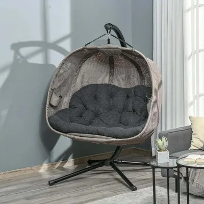 Produktbild von Sweiko Hängesessel mit Gestell, Eiförmiger Hängeschaukel mit abnehmbarem waschbarem Kissen, Hängematte für 2 Personen, Schaukelsessel Indoor Outdoor, Sand+Schwarz