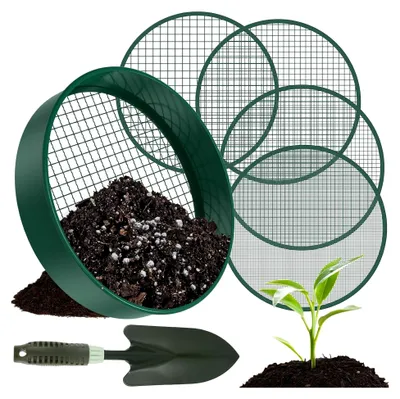 Produktbild von 4-in-1 Gartensieb rund 30 cm Kompostsieb aus Edelstahl mit 4 austauschbaren Siebeinsätzen und Gartenschaufel