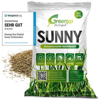 Image de Greenyp® Sunny I Gazon sec résistant à la sécheresse I 0,8kg pour 35m² I Graines de gazon Graines de gazon Post-ensemencement de gazon à germination rapide