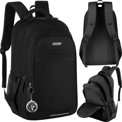 Multiple views of a black backpack, including a front view, back view, and an open view showing the interior.