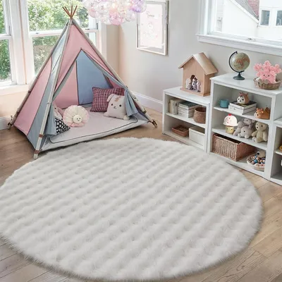 Produktbild von Kunstfell Runder Teppich 180 cm - Waschbar und Weich für Schlafzimmer und Büro