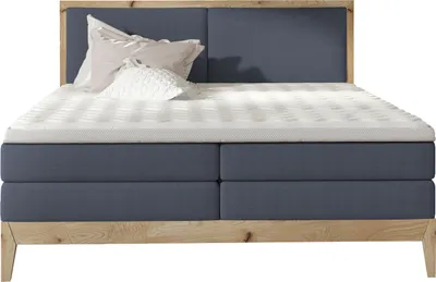 Produktbild von Schlafzimmer Bett Kontinentalbett IDA – Eiche Massivholz, 7-Zonen-Taschenfederkernmatratze, Premium Kaltschaum Topper – Boxspringbett Mit Beleuchtung | 140x200 cm | Blau