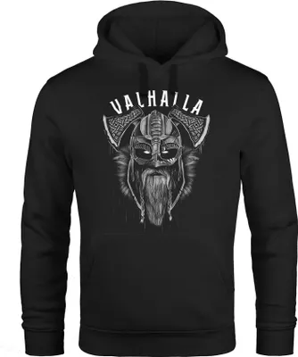 Produktbild von Hoodie Herren Aufdruck Valhalla Wikinger Helm Viking Odin Krieger Kapuzen-Pullover Männer Fashion Streetstyle Neverless® schwarz 5XL