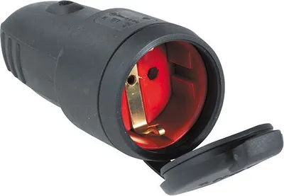 A close-up, studio shot of a black electrical connector with a red interior and gold contacts. The protective cap is open.