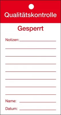 Produktbild von Qualitätsanhänger Qualitätskontrolle-Gesperrt, Karton, 80x150mm, 50/VE