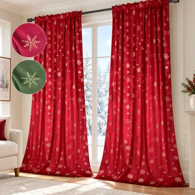 Produktbild von Samt Gardinen Weihnachtsdeko mit Schneeflocke Goldfolie Verdunkelung Thermovorhang Kräuselband Blickdicht, 2er-Set 132x244 cm Rot