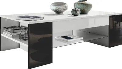 Produktbild von Vladon Couchtisch Clip,  Germany, Wohnzimmertisch mit 2 Seitenfächern und 1 Glasplatte, Weiß matt/ Schwarz Hochglanz (118 x 37 x 60 cm)