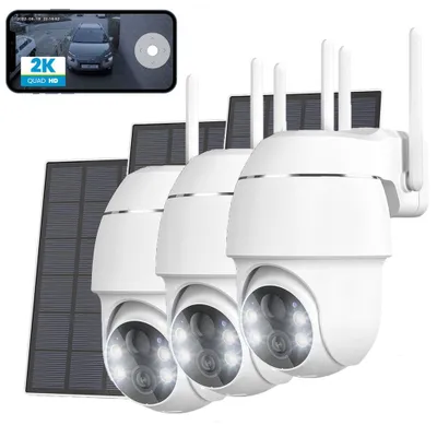Produktbild von 3 Stücke 2K Überwachungskamera Aussen Akku mit Solarpanel WLAN 360° Schwenkbare Kabellose Überwachungskamera PIR Bewegungsmelder Nachtsicht in Farbe