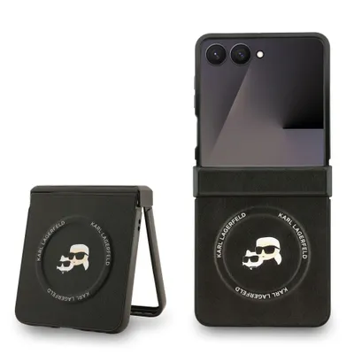 A Karl Lagerfeld phone case for a Samsung Z Flip 7 is shown in two configurations: closed and open, with a phone inserted.