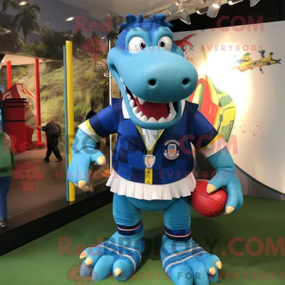 Produktbild von Maskottchen REDBROKOLY eines blauen Krokodils mit Rugby-Shirt und Geldbörse